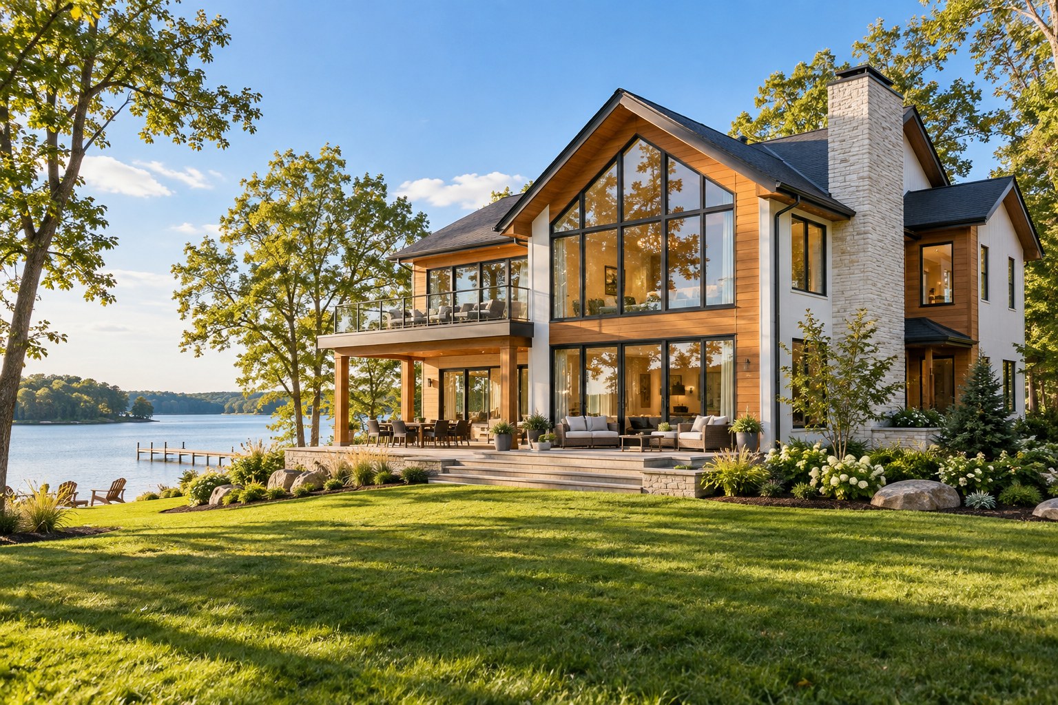A contemporary home framed by trees and a green lawn